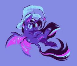 Size: 500x431 | Tagged: safe, artist:ponydoodles, imported from twibooru, twilight sparkle, alicorn, bat pony, pony, alternate design, bat eyes, bat ponified, bat wings, colored hooves, fangs, female, hat, image, leonine tail, looking at you, mare, png, purple background, race swap, simple background, slit eyes, solo, wings