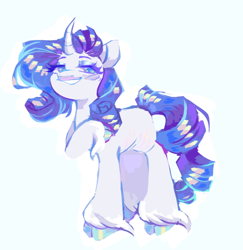 Size: 500x515 | Tagged: safe, artist:occultusion, artist:ponydoodles, edit, editor:edits of hate, imported from twibooru, rarity, pony, unicorn, cloven hooves, colored hooves, curved horn, female, horn, image, looking at you, mare, png, raised hoof, simple background, smiling, solo, standing, unshorn fetlocks, white background