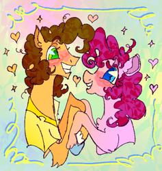 Size: 498x525 | Tagged: safe, artist:ponydoodles, imported from twibooru, cheese sandwich, pinkie pie, earth pony, pony, blushing, cheesepie, clothes, colored hooves, couple, curly hair, female, heart, holding hooves, image, looking at each other, male, png, shipping, shirt, smiling at each other, sparkles, straight