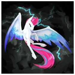 Size: 1280x1280 | Tagged: safe, artist:pointdelta, imported from derpibooru, zipp storm, pegasus, pony, cloud, female, flying, g5, lightning, mare, signature, solo, spread wings, storm, thunderstorm, wings