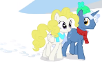 Size: 148x91 | Tagged: safe, artist:sillyfillystudios, imported from derpibooru, pokey pierce, surprise, pegasus, pony, unicorn, snowdrop (animation), adoraprise, clothes, colt, cute, female, foal, g1, g1 to g4, g4, generation leap, hat, horn, male, mare, picture for breezies, scarf, smiling, snow, stallion, walking, wings, youtube link