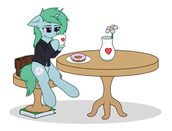 Size: 2148x1636 | Tagged: safe, artist:keupoz, imported from derpibooru, oc, oc only, oc:kazumi, pony, unicorn, book, chair, clothes, commission, cup, donut, eyebrows, floppy ears, flower, food, heart, horn, plate, shadow, signature, simple background, sitting, solo, stool, suit, suitcase, table, teacup, transparent background, unicorn oc, vase