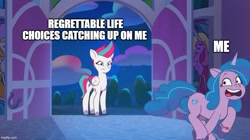 Size: 891x499 | Tagged: safe, edit, edited screencap, editor:icicle-wicicle-1517, imported from derpibooru, screencap, izzy moonbow, zipp storm, pegasus, pony, unicorn, spoiler:g5, spoiler:my little pony: tell your tale, spoiler:tyts01e12, angry, caption, duo, duo female, female, g5, image macro, imgflip, meme, metaphor, my little pony: tell your tale, night, nightime, running, running away, text, the game is ahoof