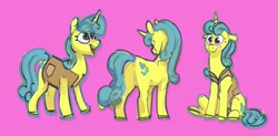 Size: 3294x1617 | Tagged: safe, artist:alumx, imported from derpibooru, lemon hearts, pony, unicorn, anus, blushing, butt, female, mare, pink background, plot, simple background, simplistic anus, sitting, smiling, solo