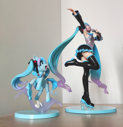 Size: 3000x3107 | Tagged: safe, imported from derpibooru, kotobukiya, earth pony, human, pony, anime, clothes, crossover, cute, duality, hatsune miku, high res, irl, merchandise, open mouth, open smile, photo, ponified, self paradox, self ponidox, shorts, skirt, smiling, vocaloid