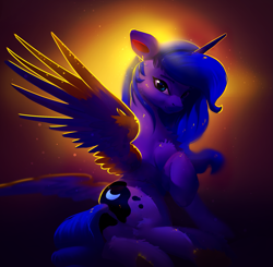 Size: 1595x1563 | Tagged: safe, artist:itssim, imported from derpibooru, princess luna, alicorn, pony, chest fluff, cute, female, looking at you, lunabetes, mare, raised hoof, sitting, smiling, smiling at you, solo, spread wings, wings