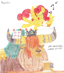 Size: 1680x1920 | Tagged: safe, artist:roseluck, imported from derpibooru, prince rutherford, strawberry sunrise, pegasus, pony, yak, basket, bell, clothes line, clothespin, colored pencil drawing, crown, dialogue, duo, duo male and female, ear piercing, earring, female, flying, horns, jewelry, laundry, laundry basket, male, mare, mug, music notes, piercing, regalia, simple background, singing, smiling, spread wings, table, tail, traditional art, white background, wings