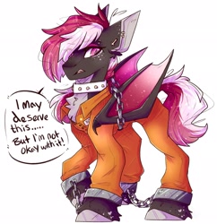 Size: 1983x2048 | Tagged: safe, artist:heart-sketch, imported from derpibooru, oc, oc only, oc:rossalita, bat pony, pony, bat pony oc, bound wings, chained, clothes, collar, cuffs, prison outfit, prisoner, shackles, solo, text, wings