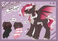 Size: 2436x1713 | Tagged: safe, artist:heart-sketch, imported from derpibooru, oc, oc only, oc:rossalita, bat pony, pony, bat pony oc, bell, bell collar, butt, clothes, collar, female, plot, reference sheet, socks, solo, striped socks, tongue out