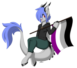 Size: 2182x1938 | Tagged: safe, artist:melodytheartpony, imported from derpibooru, oc, oc:melody silver, anthro, dracony, dragon, hybrid, asexual, asexual artist, asexual pride flag, barb, beautiful, clothes, cute, fangs, female, happy, horns, looking at you, pants, pride, pride flag, pride month, signature, simple background, slit pupils, smiling, solo, sweater, white background