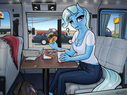 Size: 3308x2480 | Tagged: safe, artist:apocheck13, imported from derpibooru, trixie, anthro, unicorn, breasts, burger, car, cleavage, clothes, denim, drink, drinking straw, eating, female, food, french fries, jeans, looking at you, meat, pants, parking lot, ponies eating meat, question mark, rv, shirt, short shirt, solo, truck, van, vixen 21, vixen 21 motorhome