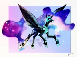 Size: 1024x756 | Tagged: source needed, safe, artist:ti, imported from derpibooru, nightmare moon, alicorn, pony, female, flying, full body, horn, long horn, mare, passepartout, side view, solo, spread wings, unshorn fetlocks, wings