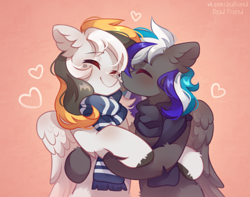 Size: 3223x2542 | Tagged: safe, artist:dedfriend, imported from derpibooru, oc, oc only, oc:flaming dune, oc:storm cloud river's, pegasus, pony, cheek kiss, clothes, female, folded wings, hug, kissing, mare, scarf, shipping, wings