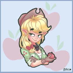 Size: 1000x1000 | Tagged: artist needed, source needed, safe, imported from derpibooru, applejack, human, apple, breasts, cleavage, clothes, elf ears, female, food, gloves, humanized, solo