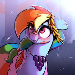 Size: 2416x2420 | Tagged: safe, artist:welost, derpibooru exclusive, imported from derpibooru, rainbow dash, pegasus, pony, bandaid, bandaid on nose, clothes, cute, dashabetes, dress, female, gala dress, grin, mare, smiling, solo