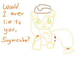 Size: 1200x900 | Tagged: safe, artist:purblehoers, imported from derpibooru, applejack, earth pony, pony, applejack's hat, cowboy hat, female, green eyes, hat, honesty, looking at you, mare, ms paint, raised hoof, simple background, sitting, solo, talking to viewer, text, white background