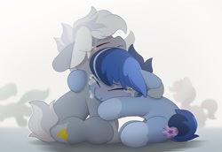 Size: 3035x2089 | Tagged: safe, artist:mochi_nation, imported from derpibooru, oc, oc only, oc:galaxy, oc:silver bolt, earth pony, pony, crying, duo focus, female, floppy ears, frown, hug, mare, wavy mouth