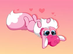 Size: 4096x3007 | Tagged: safe, artist:kittyrosie, imported from derpibooru, part of a set, pinkie pie, eevee, blushing, chest fluff, cute, cuteness overload, daaaaaaaaaaaw, diapinkes, ear fluff, gradient background, heart, kittyrosie is trying to murder us, open mouth, open smile, pokefied, pokémon, simple background, smiling, solo, species swap, sweet dreams fuel, weapons-grade cute