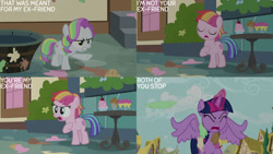 Size: 1280x720 | Tagged: safe, edit, edited screencap, editor:quoterific, imported from derpibooru, screencap, coconut cream, toola roola, twilight sparkle, alicorn, earth pony, pony, fame and misfortune, season 7, eyes closed, female, filly, foal, food, hooves to the chest, ice cream, magic, mare, open mouth, spread wings, telekinesis, text, trio, twilight sparkle (alicorn), wings