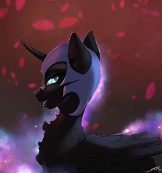 Size: 3000x3200 | Tagged: safe, artist:skitsroom, imported from derpibooru, nightmare moon, alicorn, pony, abstract background, fangs, female, fluffy, grin, helmet, high res, horn, looking at you, looking back, looking back at you, mare, signature, slit pupils, smiling, smiling at you, solo, wings