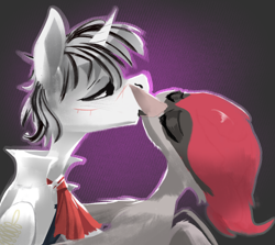 Size: 4000x3567 | Tagged: safe, artist:fiyawerks, imported from derpibooru, oc, oc:chel silktail, oc:yiazmat, griffon, unicorn, couple, female, griffon oc, horn, kissing, male, shipping, unicorn oc