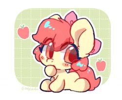 Size: 915x750 | Tagged: safe, artist:oofycolorful, imported from derpibooru, apple bloom, earth pony, pony, adorabloom, apple, blushing, chibi, cute, female, filly, foal, food, hoof over mouth, looking sideways, sitting, solo