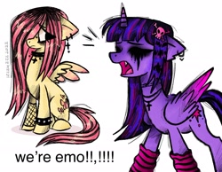 Size: 2048x1593 | Tagged: safe, artist:izzzyzzzart, imported from derpibooru, fluttershy, twilight sparkle, alicorn, pegasus, pony, choker, clothes, colored wings, colored wingtips, crucifix, dialogue, duo, ear piercing, earring, emo, emo twilight, emoshy, eye clipping through hair, eyeshadow, female, fishnet clothing, floppy ears, hair accessory, hair over one eye, jewelry, makeup, piercing, rosary, running makeup, simple background, skull and crossbones, socks, text, twilight sparkle (alicorn), we're emo, white background, wings, wristband