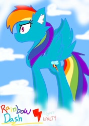 Size: 724x1024 | Tagged: safe, artist:indonesia pony, imported from derpibooru, rainbow dash, pegasus, pony, cloud, ear fluff, element of loyalty, female, fur, hooves, mare, on a cloud, side view, sky, solo, standing, standing on a cloud, wide eyes, wings