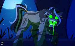 Size: 1403x862 | Tagged: source needed, safe, artist:redxbacon, imported from derpibooru, oc, oc:helix, pony, zebra, acid, commission, creepy, ear piercing, earring, fangs, glowing, glowing eyes, jewelry, monster, piercing, ring, solo, tail, tail ring