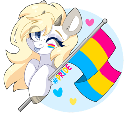 Size: 1024x938 | Tagged: safe, artist:cinnamontee, imported from derpibooru, oc, oc only, oc:tegan, pegasus, pony, female, horns, mare, one eye closed, pansexual pride flag, pride, pride flag, simple background, solo, tongue out, transparent background, wink