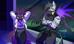 Size: 2083x1233 | Tagged: source needed, safe, artist:redxbacon, imported from derpibooru, oc, anthro, unicorn, zebra, armor, black vine, clothes, commission, crossed arms, duo, lab coat, laboratory, mask, respirator