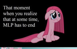 Size: 500x317 | Tagged: safe, imported from derpibooru, pinkie pie, earth pony, pony, artifact, black background, end of ponies, female, frown, it happened, my little brony, pinkamena diane pie, sad, simple background, slowpoke, solo, text, watermark