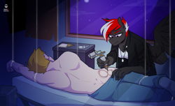 Size: 1618x981 | Tagged: source needed, safe, artist:redxbacon, imported from derpibooru, oc, oc:silverstring, anthro, human, pegasus, commission, cutie mark tattoo, duo, puppet strings, tattoo