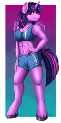 Size: 1653x3330 | Tagged: safe, artist:pridark, imported from derpibooru, twilight sparkle, alicorn, anthro, unguligrade anthro, clothes, female, hand on hip, hooves, short hair, shorts, solo, top, twilight sparkle (alicorn)