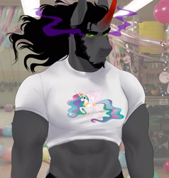 Size: 1952x2048 | Tagged: safe, artist:ghoulhowls, imported from derpibooru, king sombra, princess celestia, anthro, unicorn, abs, beard, clothes, facial hair, ill-fitting clothes, john cena, king sombara, looking at you, male, muscles, muscular male, playing with fire, shirt, signature, small clothes, solo, sombra eyes, tight clothing, unamused