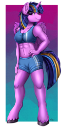 Size: 1653x3330 | Tagged: safe, alternate version, artist:pridark, imported from derpibooru, twilight sparkle, alicorn, anthro, unguligrade anthro, abs, alternate universe, biceps, breasts, clothes, female, multicolored mane, muscles, muscular female, shorts, smiling, solo, sports bra, sports shorts, twilight muscle, twilight sparkle (alicorn)