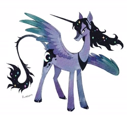 Size: 2048x1860 | Tagged: safe, artist:runkpori, imported from derpibooru, princess luna, alicorn, alternate design, colored wings, ethereal mane, ethereal tail, leonine tail, peytral, simple background, solo, starry mane, starry tail, tail, unshorn fetlocks, white background, wings