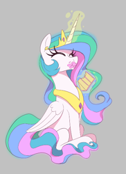 Size: 408x559 | Tagged: safe, artist:thebatfang, imported from derpibooru, princess celestia, alicorn, pony, aggie.io, bite mark, cake, cakelestia, crown, cute, cutelestia, eating, eyelashes, eyes closed, female, food, glowing, glowing horn, gray background, happy, horn, jewelry, magic, magic aura, mare, regalia, simple background, sitting, smiling, solo, telekinesis