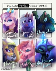 Size: 1568x2000 | Tagged: safe, artist:muna, imported from derpibooru, daring do, nightmare moon, pinkie pie, princess luna, queen chrysalis, queen haven, alicorn, changeling, changeling queen, earth pony, pegasus, pony, six fanarts, ethereal mane, female, g5, helmet, hoof shoes, jewelry, mare, open mouth, regalia, s1 luna, safari hat, sharp teeth, teeth, tongue out, uvula, younger