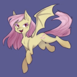 Size: 2048x2048 | Tagged: safe, artist:twilightsparkee, imported from derpibooru, fluttershy, bat pony, pony, alternate cutie mark, aside glance, bat ponified, bat wings, fangs, female, flutterbat, high res, looking at you, mare, open mouth, open smile, race swap, red eyes, simple background, smiling, solo, spread wings, wings