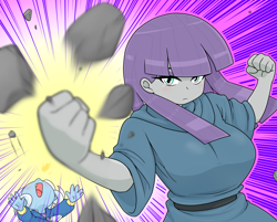 Size: 1488x1195 | Tagged: safe, artist:batipin, imported from derpibooru, maud pie, trixie, human, equestria girls, breasts, busty maud pie, duo, female, open mouth, punch, rock, solo focus