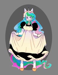 Size: 1163x1500 | Tagged: safe, artist:stevetwisp, imported from derpibooru, princess celestia, alicorn, anthro, abstract background, brooch, clothes, curtsey, ethereal mane, female, gloves, jewelry, maid, maid headdress, shoes, solo