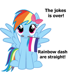 Size: 1093x1133 | Tagged: safe, imported from derpibooru, rainbow dash, pegasus, pony, background pony strikes again, blushing, bow, bowtie, cute, dashabetes, engrish, flag, grammar error, op is a duck, op is trying to start shit, pride, pride flag, pride month, rainbow dash always dresses in style, simple background, solo, spread wings, straight, straight pride flag, wat, white background, why, wings, wtf