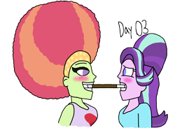 Size: 2000x1542 | Tagged: safe, artist:ktd1993, imported from derpibooru, starlight glimmer, tree hugger, human, equestria girls, 3, afro, blushing, female, lesbian, pride month, shipping, simple background, starhugger, transparent background