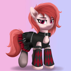 Size: 1280x1280 | Tagged: safe, artist:joaothejohn, imported from derpibooru, oc, oc only, oc:rose petal, earth pony, pony, clothes, collar, corset, dress, earth pony oc, goth, lidded eyes, looking at you, shocked, simple background, smiling