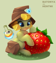 Size: 2860x3212 | Tagged: safe, artist:batonya12561, artist:hentwi, imported from derpibooru, oc, oc only, oc:goldy flask, earth pony, pony, flask, food, hat, potion, solo, strawberry