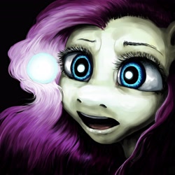 Size: 4096x4096 | Tagged: safe, artist:misstwipietwins, imported from derpibooru, fluttershy, pegasus, pony, absurd resolution, black background, bust, dark, female, glowing, looking at something, mare, nightmare fuel, open mouth, orb, portrait, simple background, solo, uncanny valley