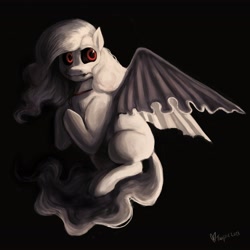 Size: 4096x4096 | Tagged: safe, artist:misstwipietwins, imported from derpibooru, oc, oc only, bat pony, pony, albino, bat pony oc, black background, black sclera, female, flying, jewelry, necklace, simple background, solo, stitched mouth, stitches
