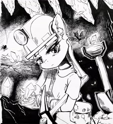 Size: 3456x3792 | Tagged: safe, artist:ph平和, imported from derpibooru, maud pie, bat, earth pony, grottoling, original species, pony, spider, bag, bangs, bipedal, black and white, black and white cartoon, boots, cave, crystal, grayscale, helmet, high res, lonely, miner, monochrome, pickaxe, saddle bag, shoes, shovel, solo, spade