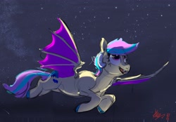 Size: 4078x2836 | Tagged: safe, artist:alumx, imported from derpibooru, oc, oc only, oc:star shower, bat pony, pony, bat pony oc, fangs, female, flying, mare, night, night sky, sky, solo, stars